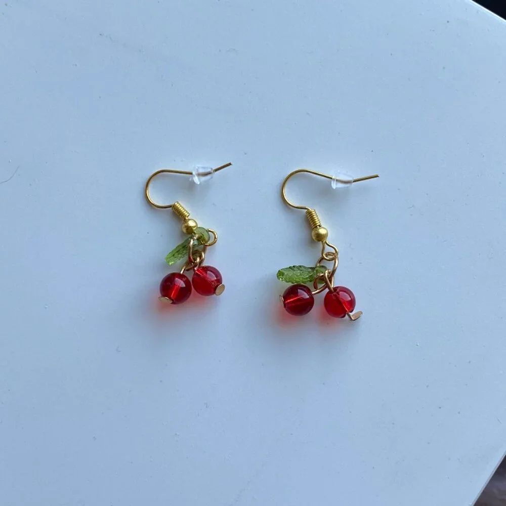 Cherry Earrings GOLD STAINLESS STEEL Cute Kawaii Fruit Jewelry - Picture 5 of 7